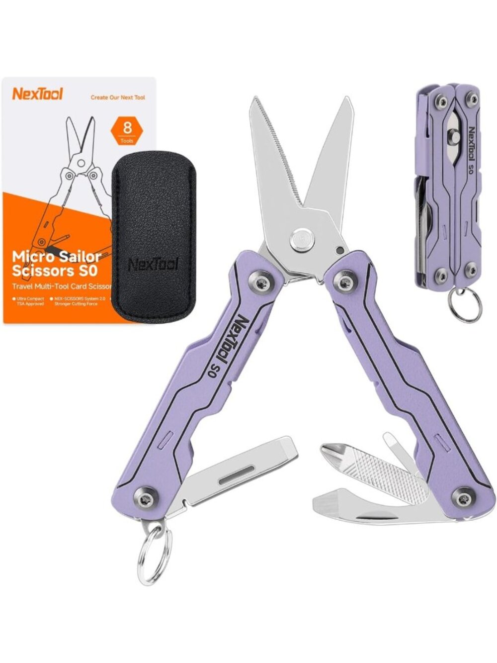 8-in-1 Mini Keychain Multitool Scissors - Compact, Versatile, Purple Gadget